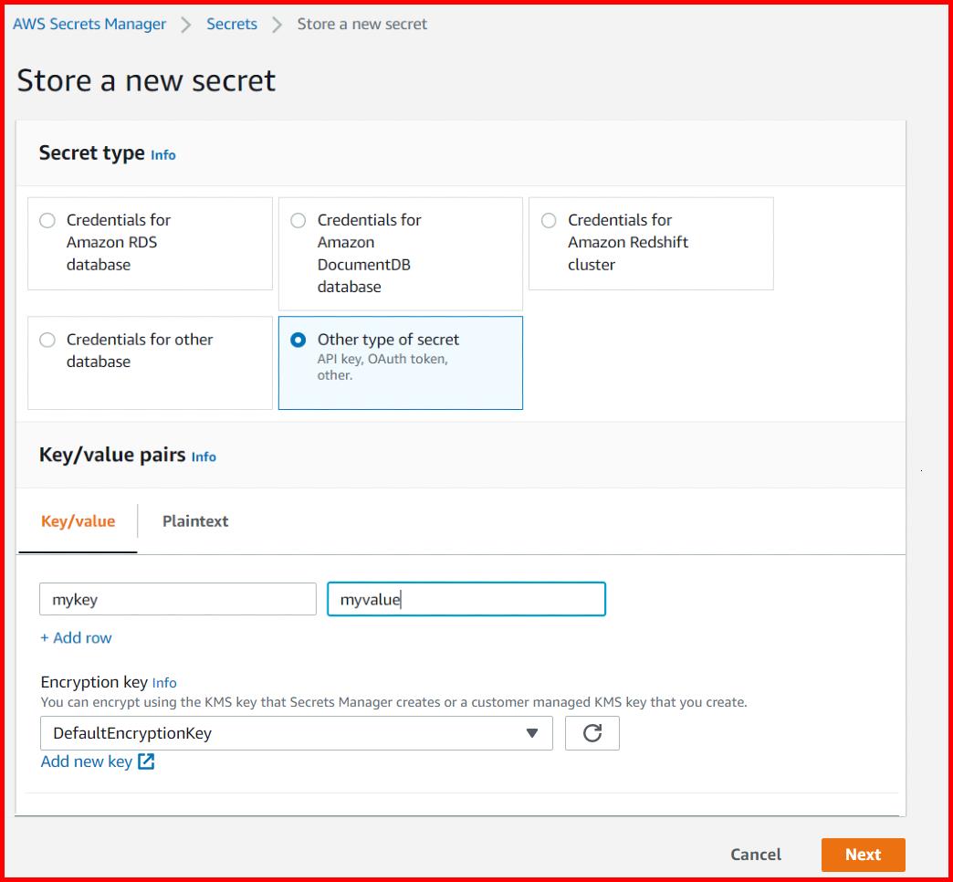 Picture showing the screen for selecting the type and the key value pair of the secret